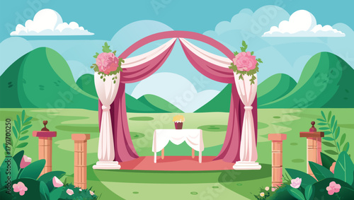 Elegant outdoor wedding ceremony setup with floral arch and scenic mountain backdrop, perfect for celebrations.