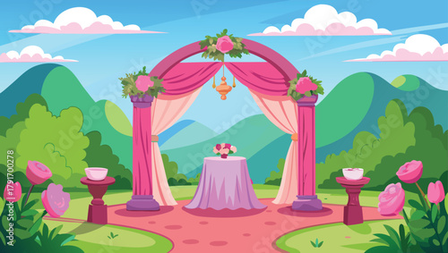 Dreamy outdoor wedding ceremony setup with floral arch and romantic decorations under a bright blue sky and rolling hills.