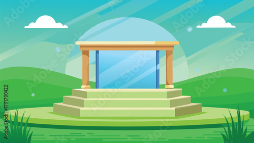 Discover your next big idea within this tranquil, modern pavilion set against a vibrant green landscape and clear blue sky.