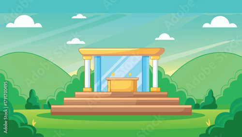 Serene landscape with a golden podium and glass structure against a vibrant sky, evoking peace and achievement