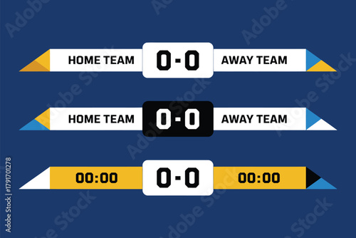 Sports tv broadcast banner set. yellow and blue scoreboard templates for live ranking display, match results, player stats, and real-time game updates.