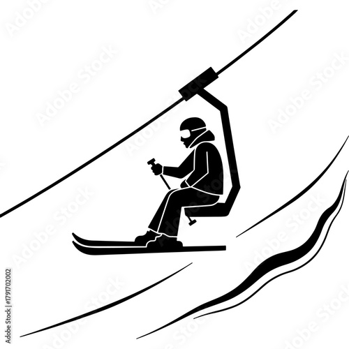 Skier riding on ski lift bench side view. Engraving minimalistic vector in black ink drawing on transparent background
