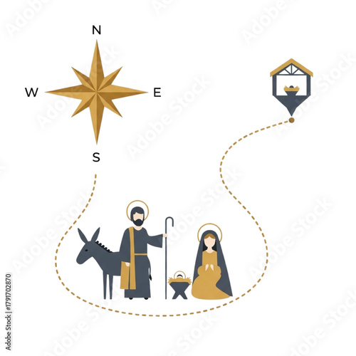 Nativity Journey to Bethlehem: Mary, Joseph, Donkey and Baby Jesus Guided by Compass Star to Stable - Transparent Christmas Clip Art Vector Illustration