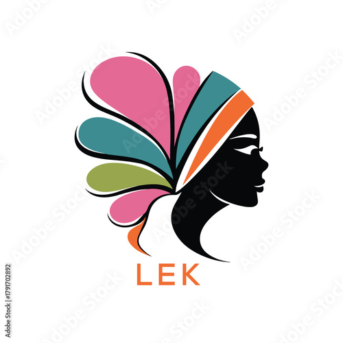 LEK Colorful African Woman Silhouette Logo. LEK Beauty Salon, Fashion Boutique & Hair Studio Branding. LEK Elegant Feminine Logo Design.
