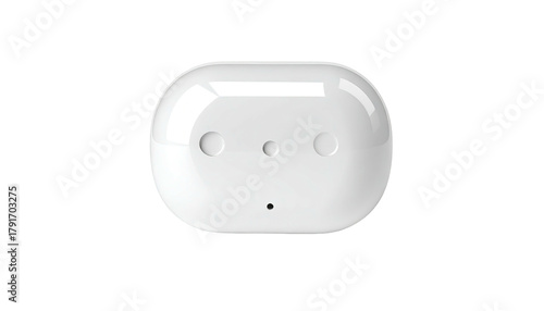 Rounded white device with three circular holes and small central dot on black backdrop