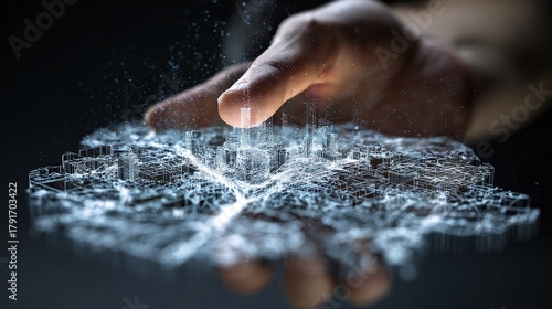 Architect holding vibrant glowing futuristic city model in hand, representing innovative urban planning and sustainable development solutions for real estate and construction ventures