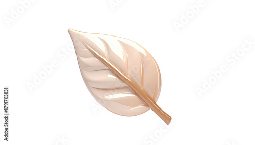 A glossy, tan-colored, stylized leaf with a central vein against a black backdrop