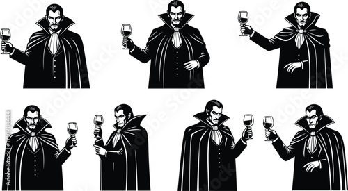 Elegant vampire characters holding wine glasses, gothic Dracula illustrations in classic capes and formal attire for horror or Halloween themes.
