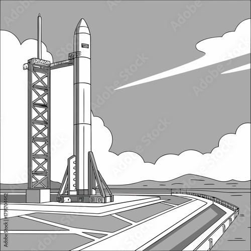 Black and white illustration of a rocket on a launchpad with clouds around