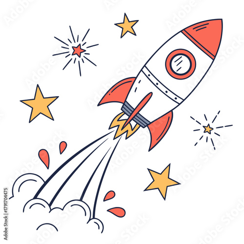 Cartoon rocket launching with stars illustration