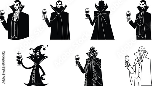 Stylized vampire characters holding wine glasses, gothic Dracula silhouettes and cartoon variations, elegant horror figures for fantasy or Halloween designs.