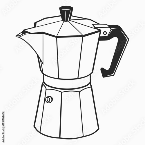 Detailed black and white drawing of a moka pot