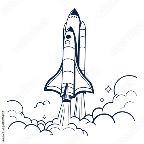 Detailed monochrome illustration of a space shuttle launch