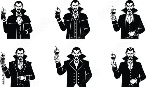 Elegant vampire lords holding wine glasses of blood, gothic aristocrat monsters in suits, dark fantasy Dracula characters in black.