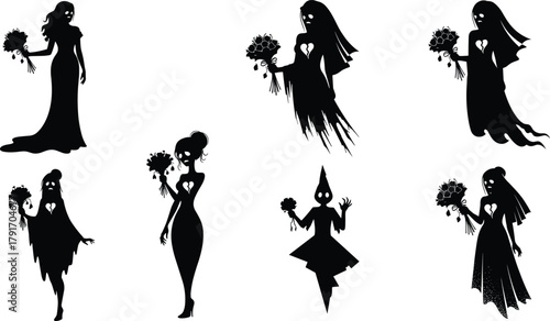 Ghost brides with broken hearts, gothic spectral women in wedding dresses holding wilted bouquets, eerie romantic horror silhouettes.