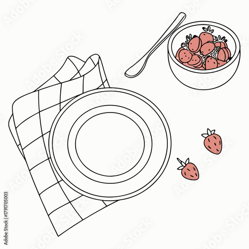 Overhead shot of a breakfast table with strawberries