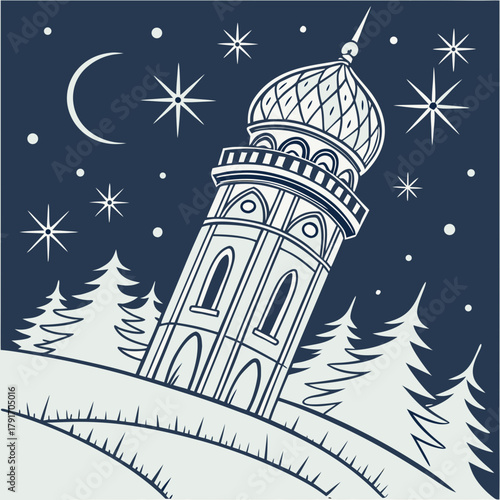 Minaret with moon and stars in winter night