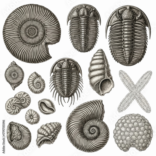 Detailed illustration showcasing various ancient marine fossils, including ammonites and trilobites.