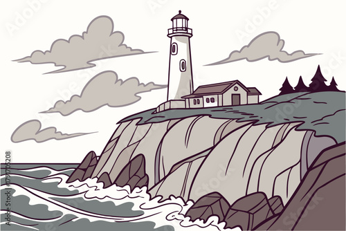 Coastal cliff with lighthouse and waves crashing