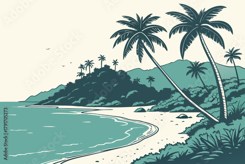 Tropical island shoreline with palm trees and calm turquoise water