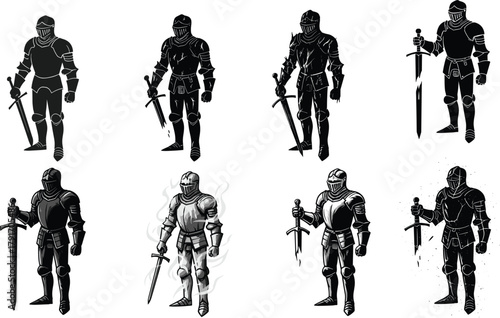 Dark armored knights with swords, shadow warriors in medieval armor, cursed warriors, and fantasy ghost knights for dark fantasy art.