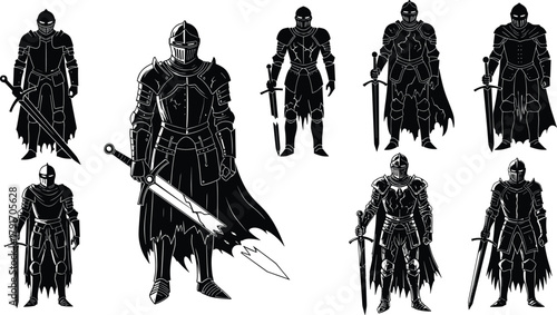Dark armored knights with swords, medieval warriors in gothic armor for fantasy games, epic battles, and dark hero designs.