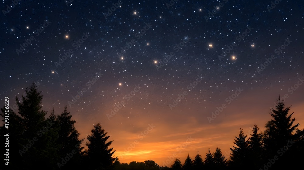 Fototapeta premium A serene night sky filled with bright stars and celestial formations above silhouetted evergreen trees at twilight