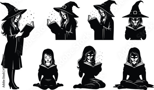 Witch reading a magic book silhouette set, mystical woman casting spells, gothic fantasy witchcraft illustration in black and white.