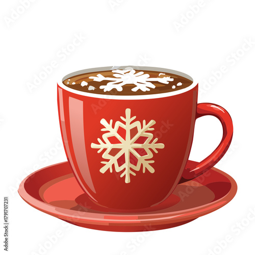 Delicious warm red cup of cocoa hot chocolate with a snowflake design served on a saucer a delightful winter holiday treat - Vector Illustration
