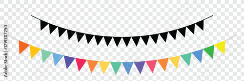Carnival garland, birthday party decoration. Rainbow Pennant Banner Flags. Colorful multicolored triangular flags. Festive flag garland vector illustration. Retro bunting in simple flat style. EPS 10.