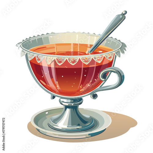 Small ornate glass cup filled with a warm red spiced holiday punch or mulled wine perfect for a cozy winter evening - Vector Illustration