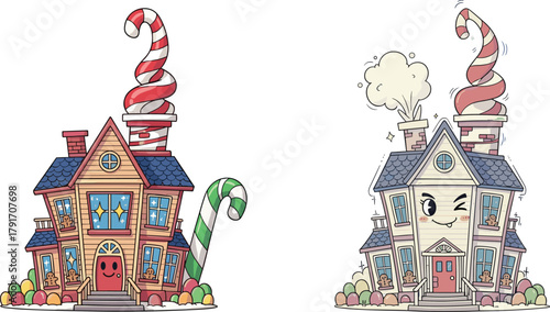 Whimsical candy houses with expressive faces, vector illustration of cheerful and distressed gingerbread homes for festive or metaphorical design