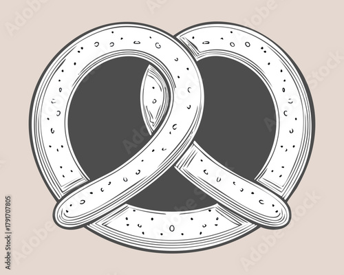 Traditional soft baked pretzel with salt or sugar toppings in a black and white outline style for a classic confectionery design - Vector Illustration