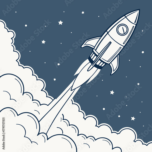 Illustration of a rocket launching into space with clouds and stars around it