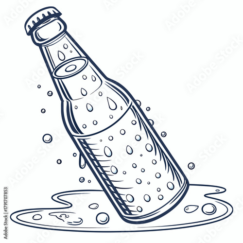 Leaning bottle with liquid and water drops