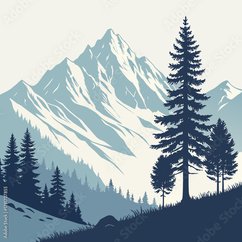 Majestic mountain range with evergreen trees in a serene landscape
