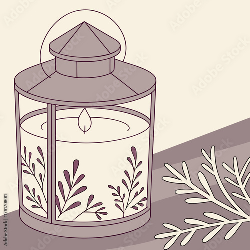 A charming candle lantern with botanical details and a wintery branch nearby