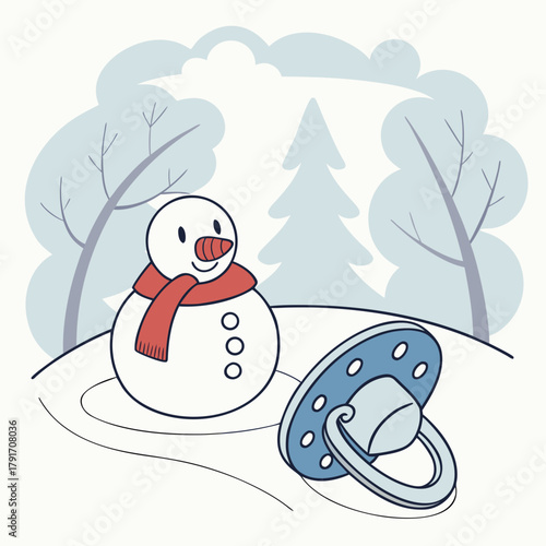 A snowman with a red scarf and a pacifier