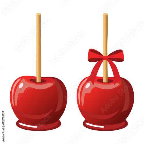 Two perfectly glossy and bright red candied apples on sticks, each adorned with a cute little red ribbon bow detail - Vector Illustration