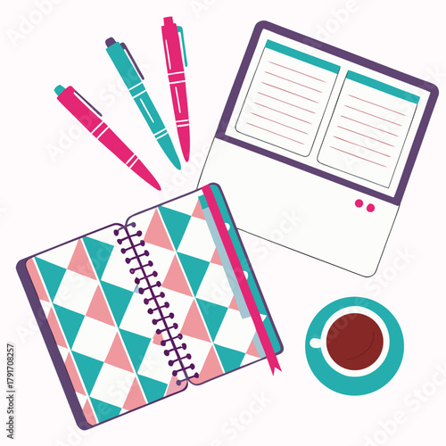 Laptop, notebook, pens, and coffee