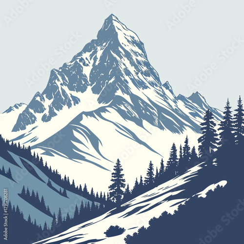 Majestic mountain range with snowcapped peaks and evergreen forest landscape