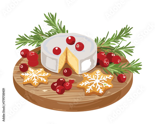 Elegant Christmas charcuterie board with brie cheese, red cranberries, sugared rosemary, and decorated ginger star cookies - Vector Illustration