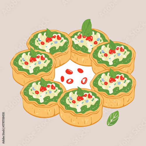 Group of round small festive Christmas appetizers topped with creamy herb cheese and red pepper flakes for holiday event - Vector Illustration