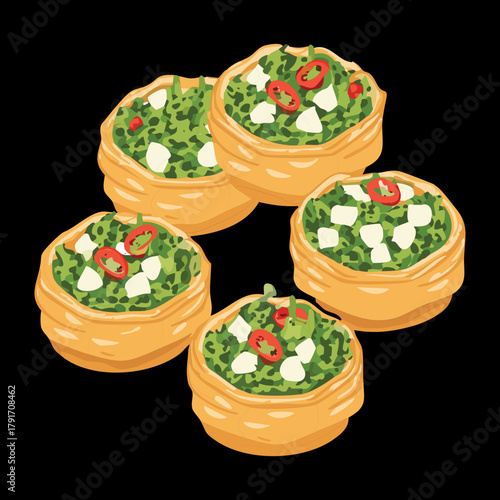 Savory Christmas mini tarts with spinach, feta cheese, and savory creamy filling served as festive holiday appetizers - Vector Illustration