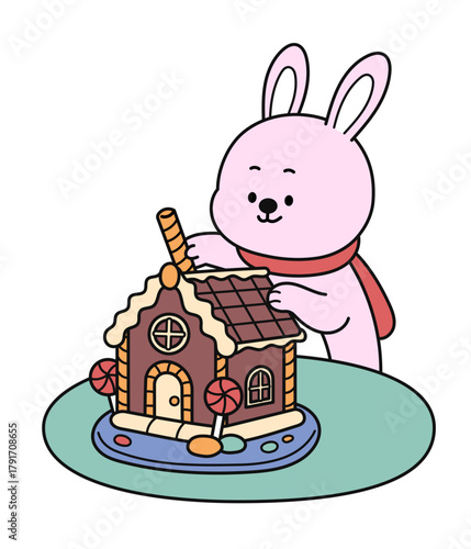 Bunny character decorating Christmas gingerbread house. Flat cartoon style vector illustration isolated on white background