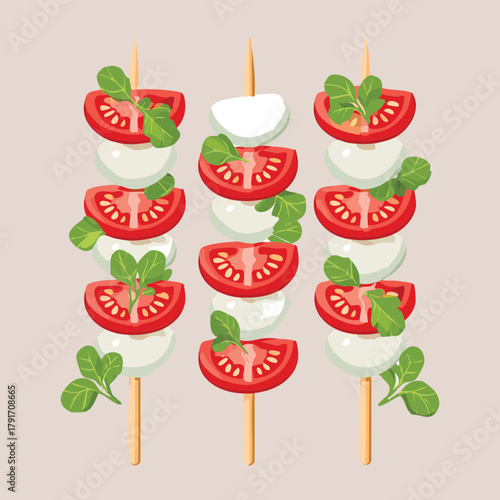 Individual Caprese skewers appetizer with mozzarella cheese, fresh tomatoes, and green basil leaves arranged neatly on a plate - Vector Illustration