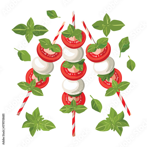 Christmas-themed Caprese skewers arranged like tiny wreaths, featuring mozzarella, tomato, and basil on candy cane sticks - Vector Illustration