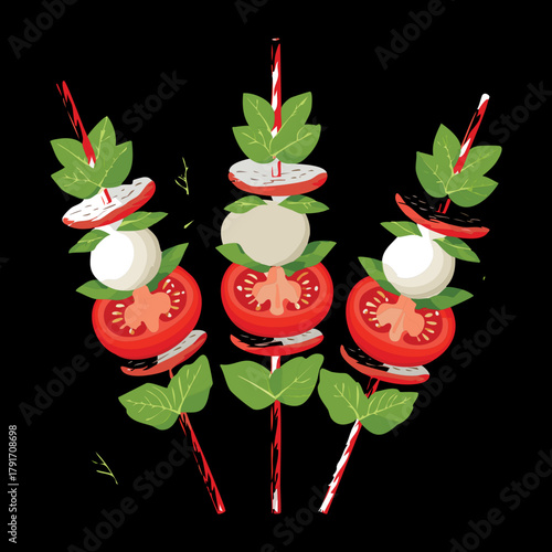 Caprese skewers appetizer with mozzarella cheese, red cherry tomatoes, and basil leaves on a stick for holiday party - Vector Illustration