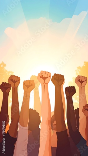 A group of raised fists against a bright, sunny sky, symbolizing unity and hope, possibly for social justice