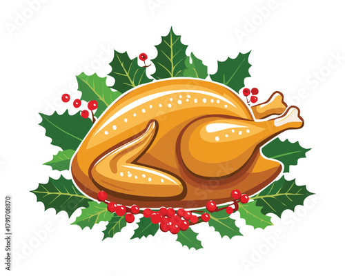 Golden brown roasted Christmas turkey, beautifully garnished with fresh green holly leaves and red berries for a holiday dinner - Vector Illustration